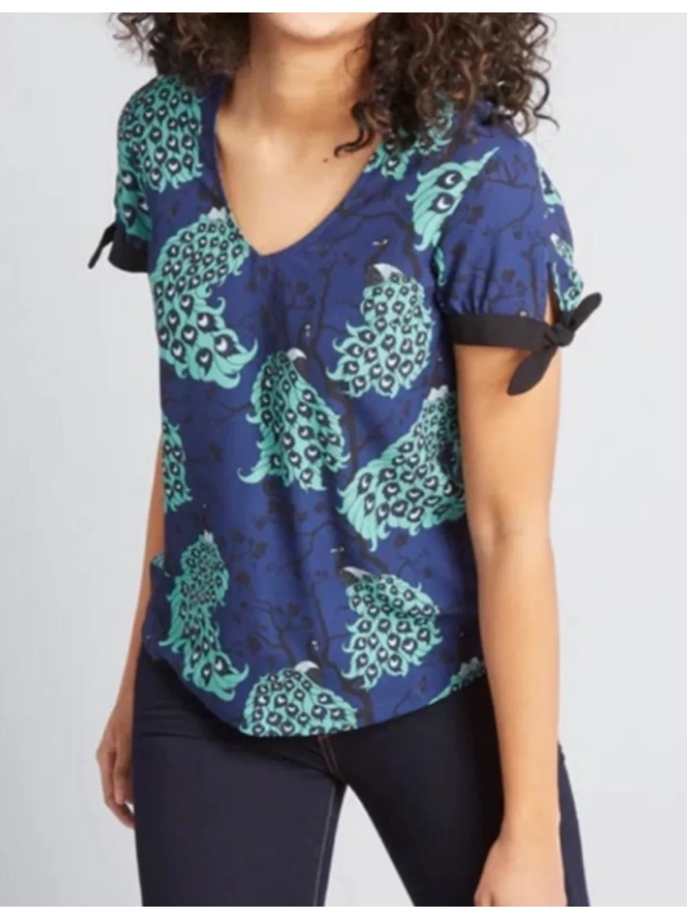 ModCloth × Dupenny Ideal Discovery Peacock Print Short Sleeve Top size L